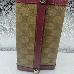 Gucci Beige Monogram Canvas Wallet with Burgundy Leather Trim